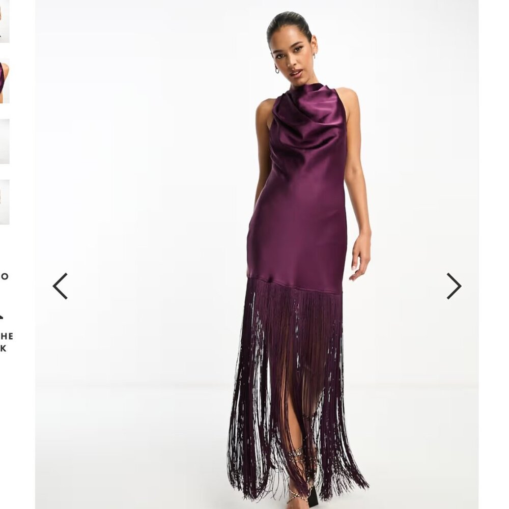 ASOS DESIGN satin halterneck mini dress with fringe hem in purple/burgundy